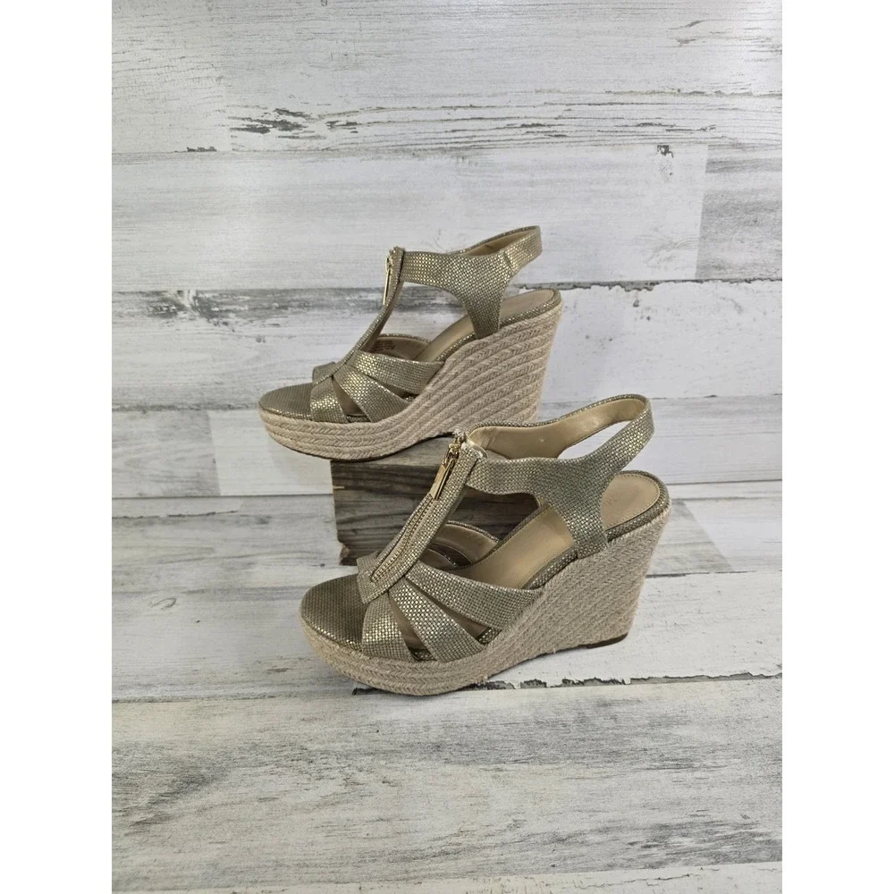 Michael Kors Gold Metallic Espadrille Wedge Sandals Front Zip Platform Mens 8.5M